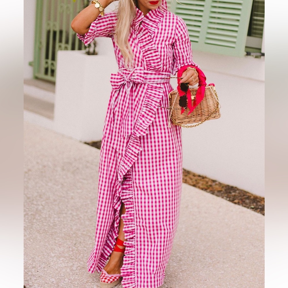 Elizabeth Wilson Designs Anne Claire Ruffle Wrap Maxi - Raspberry Gingham sz L